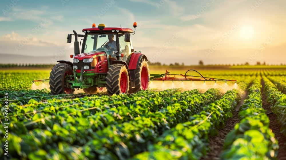 Agricultural tractor spraying pesticides in vast soybean field under bright sun on beautiful day Agricultural tractor spraying pesticides in vast soybean field under bright sun on beautiful day
