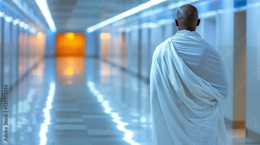 Muslim man with traditional clothes walking airport hall corridor. Male traveler at gate terminal. Hajj and Umrah vacation and travel background concept