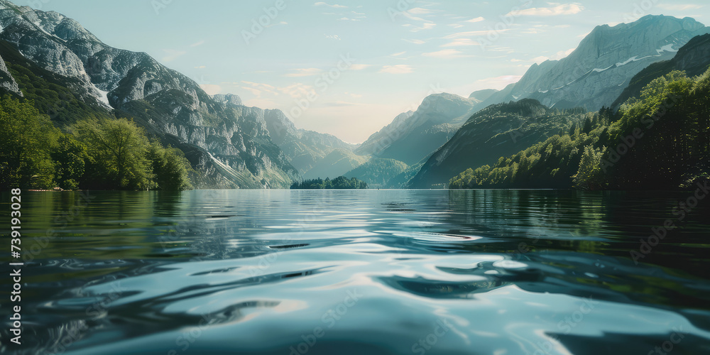Misty Mountain Lake at Dawn. Serene lake reflecting mist-covered mountains in a peaceful morning setting.