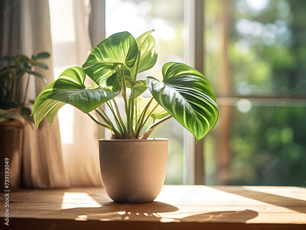 Monstera plant in a pot on a table with sunlights, blurry window background Monstera plant in a pot on a table with sunlights, blurry window background