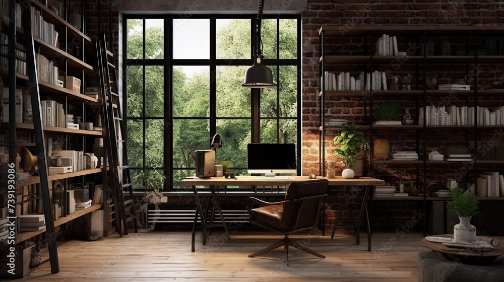 Fototapeta premium Industrial style house office with computer table, chair and book shelf. Modern working room interior at home.