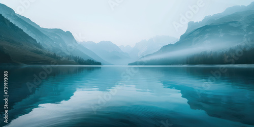Misty Mountain Lake at Dawn. Serene lake reflecting mist-covered mountains in a peaceful morning setting.
