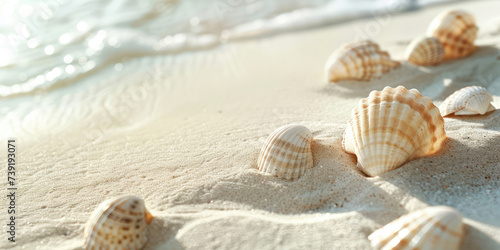 Seashells on Sunny Sand Beach. Close-up of seashells glistening in the sun on a sandy beach seashore. © IndigoElf