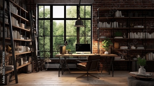 Industrial style house office with computer table, chair and book shelf. Modern working room interior at home.