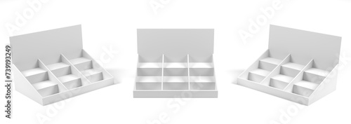Empty product display tray with partition, pdq display box with three different view, 3d rendered.