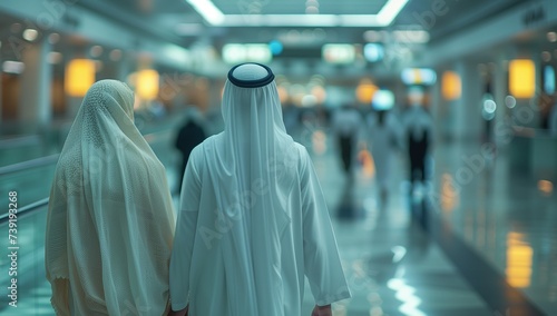 a couple of Muslim spouse husband and wife with traditional clothes walking airport hall. traveler at gate terminal. Hajj and Umrah vacation and travel background concept