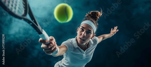 Intense female tennis player in action, focused gaze, dynamic movement, dark background, text space. © Ilja