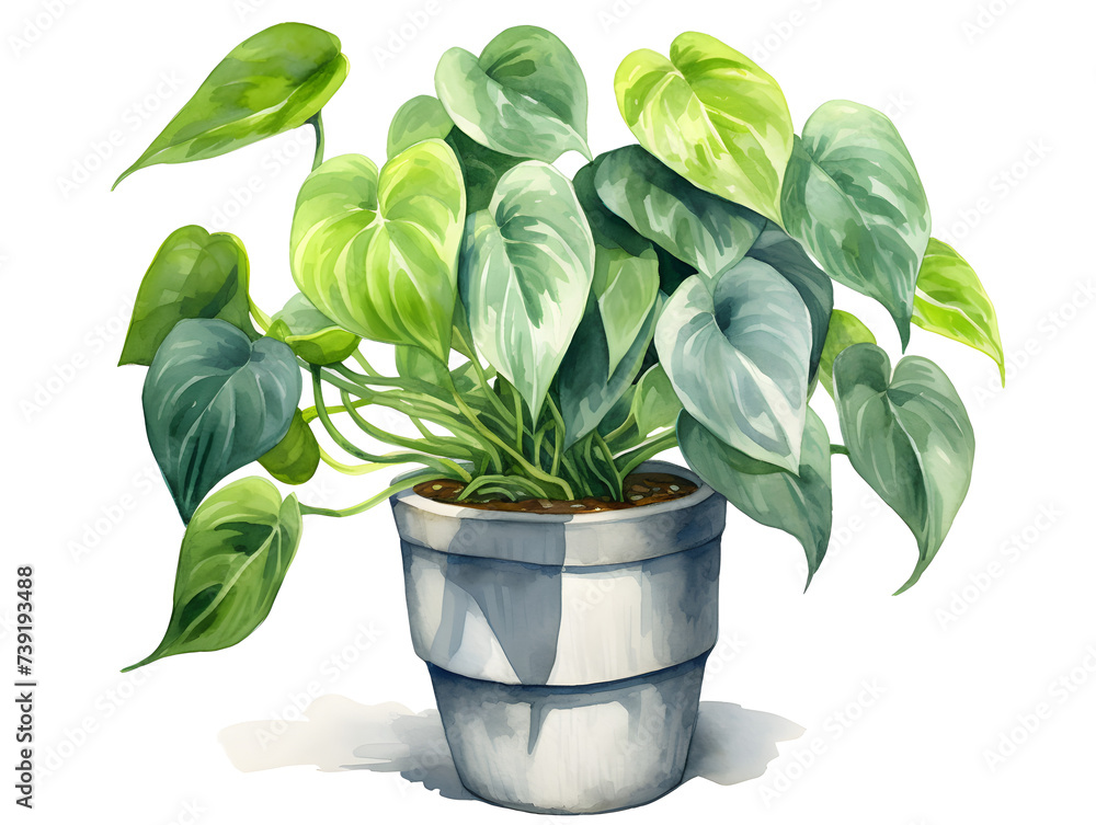 Watercolor illustration of a philodendron plant in a pot on white background Watercolor illustration of a philodendron plant in a pot on white background