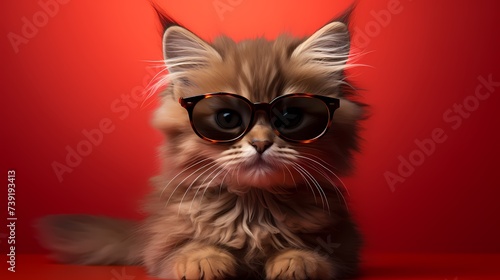 A cute kitten showcases its fashion-forward style in a vibrant outfit and trendy glasses against a vivid red backdrop. Its playful demeanor and chic accessories steal the show