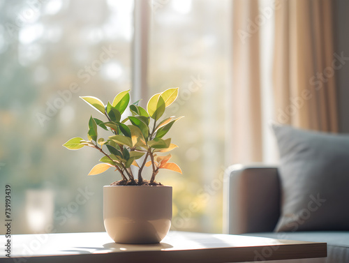 A small green plant on a table  blurry living room background with a window and sunlight 