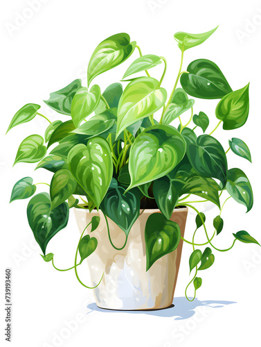 Watercolor illustration of a philodendron plant in a pot on white background 