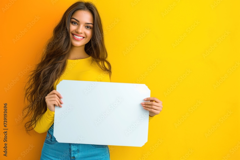 Cheerful and beautiful young woman holding blank board, and showing it to the camera. solid yellow background Cheerful and beautiful young woman holding blank board, and showing it to the camera. solid yellow background