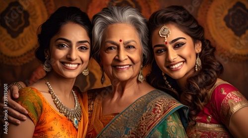 Three Generations of Indian Women, Celebrating Family and Tradition in Vibrant Attire. © Akash