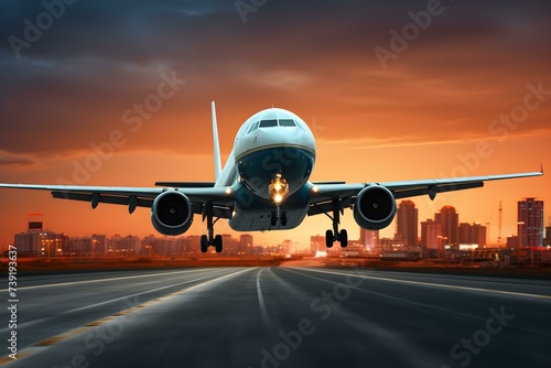 Airplane taking off from airport runway on city background Motion at speed motion blur effect. Concept Airplane, Takeoff, Airport, Runway, Motion Blur