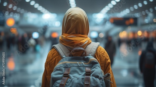 Muslim woman with traditional hijab and backpack walking on airport or train station hall. Female traveler at gate terminal. Hajj and Umrah vacation and travel background concept