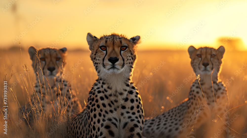 Obraz premium Cheetah standing in the savanna with setting sun shining. Group of wild animals in nature.
