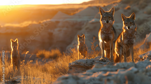 Jackal family standing in front of the camera in the rocky plains with setting sun. Group of wild animals in nature.