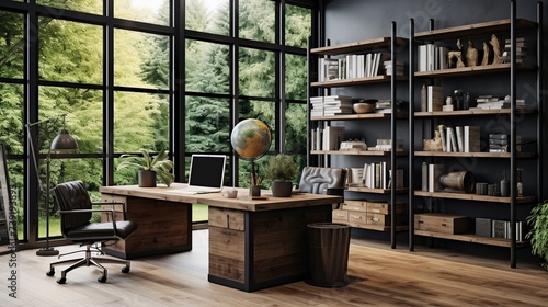 Industrial style house office with computer table, chair and book shelf. Modern working room interior at home.