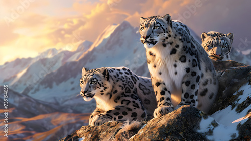 Snow leopard family in the mountain region with setting sun shining. Group of wild animals in nature. © linda_vostrovska