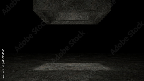 dunkler Raum mit altem Steinboden und steinernem Lichtschacht