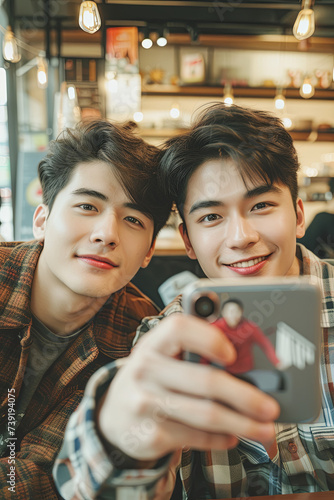 Two handsome men taking photos together in a cafe photo