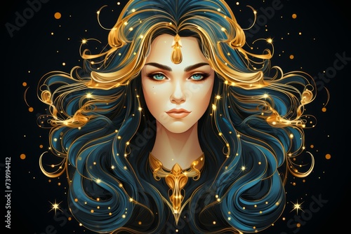 Radiant golden virgo zodiac emblem on black background, perfect for modern designs in vector style.