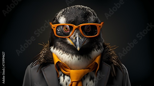 A dashing penguin dons a stylish blazer and sports a pair of sophisticated eyeglasses. It stands tall against a solid background, showcasing its impeccable taste and modern sensibility