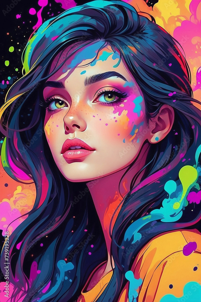 Close up of a beautiful female model with beautiful eyes, wearing red lipstick with a paint splash effect background Close up of a beautiful female model with beautiful eyes, wearing red lipstick with a paint splash effect background
