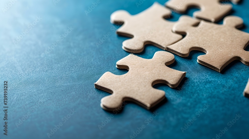 Solving the puzzle piece by piece, conceptual stock image. wooden jigsaw puzzles on a blue background. focus on detail and strategy. AI Solving the puzzle piece by piece, conceptual stock image. wooden jigsaw puzzles on a blue background. focus on detail and strategy. AI