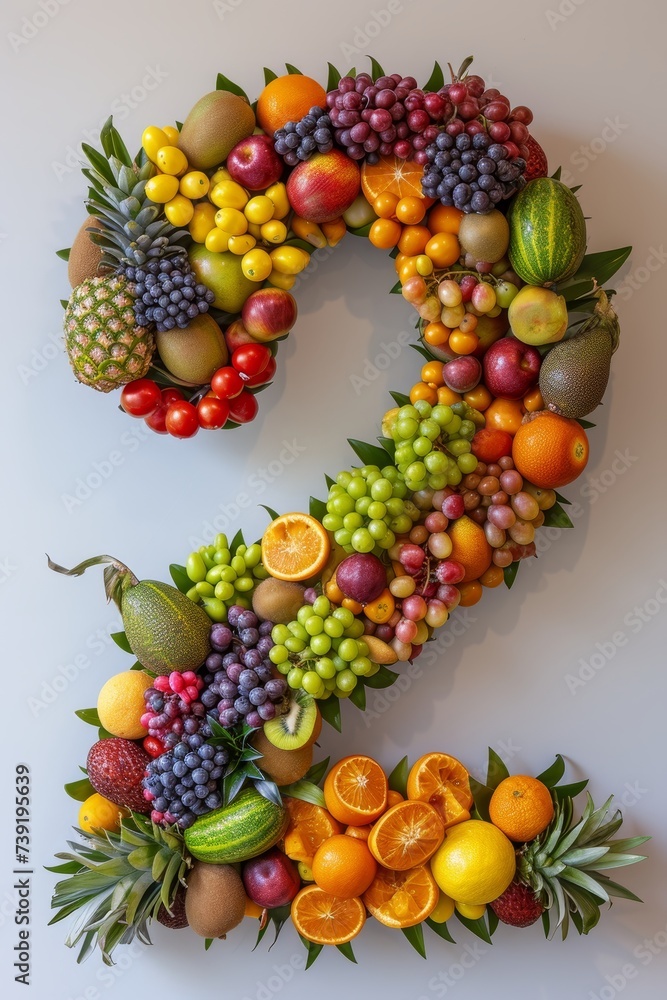 Vibrant number 2 crafted from colorful fruits and vegetables on clean white background