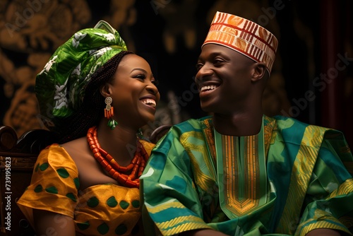 Cheerful Nigerian couple in contemplation, dressed in vibrant attire against bright backdrop. © Akash