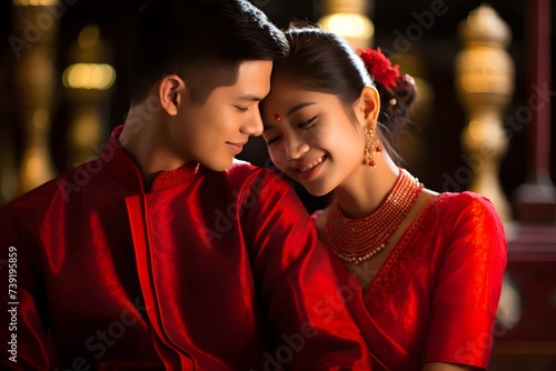 Young Positive and cheerful Thai couple in stylish attire, deep in thought against a vibrant green backdrop. © Akash