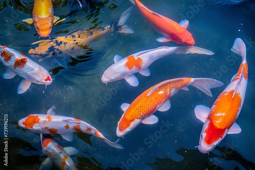 Koi fish swimming, Colorful decorative fish float in an artificial pond