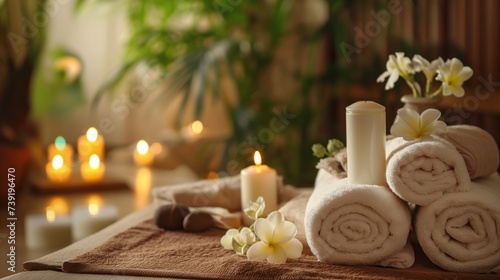 andles  stones and towel in a spa  Burning candles  stones and towel on massage table