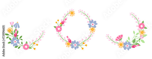 Meadow blossom flower wreaths set. Warmful colors. Hand drawn isolated flat elements.
