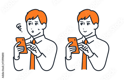 スマートフォンを操作する若いビジネスマンのシンプルなベクターイラストセット素材