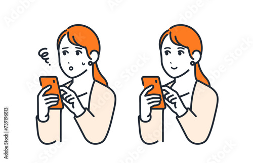 スマートフォンを操作する若いビジネスウーマンのシンプルなベクターイラストセット素材
