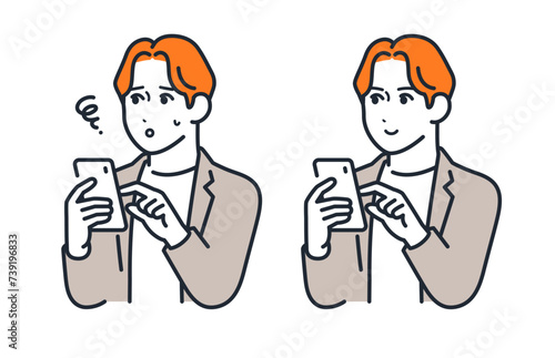 スマートフォンを操作する若いビジネスパーソンのシンプルなベクターイラストセット素材