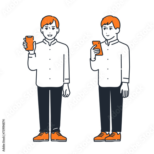 スマートフォンを持つ若い男性のシンプルなベクターイラストセット素材