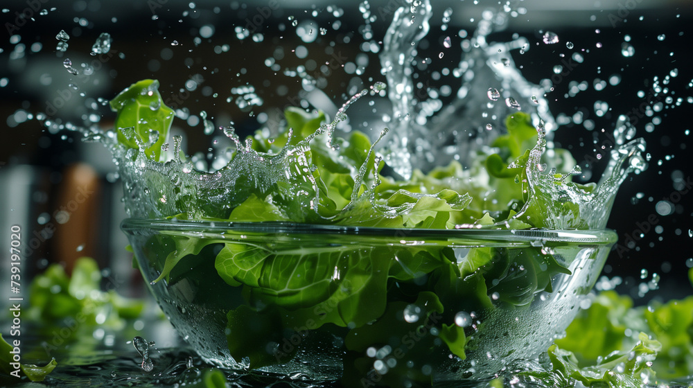 Bowl of salad during cleanup with water, water overflow, fresh and healthy green salad Bowl of salad during cleanup with water, water overflow, fresh and healthy green salad