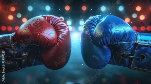 Red and blue gloves in boxing arena place for text  © YamunaART