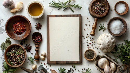 The blank restaurant menu on a white background is surrounded by seasoning and cutlery for design purposes