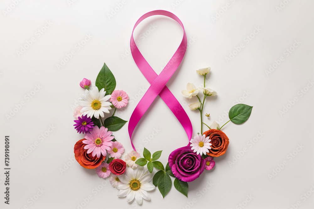 international women's day, march 8, pink ribbon and flower pattern