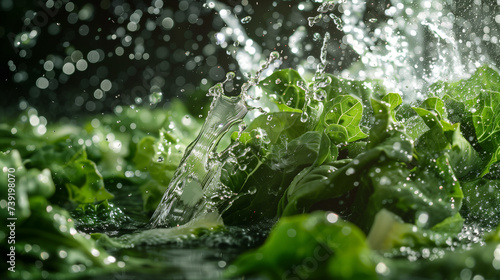 salad during cleanup with water, water overflow, fresh and healthy green salad