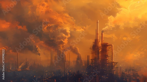 Dramatic industrial sunset with fiery skies over factories. environmental concept illustration, oil painting style. AI