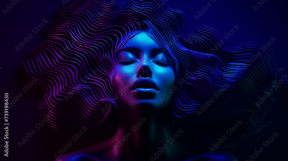 Abstraktes Portrait einer Frau in 3D-Wellenmuster. Ultraviolett beleuchtet. Illustration