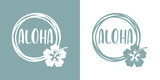 Logo vacaciones en Hawái. Marco circular con líneas con  palabra aloha y silueta de flor de hibisco