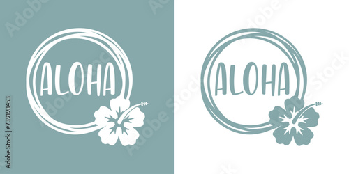 Logo vacaciones en Hawái. Marco circular con líneas con palabra aloha y silueta de flor de hibisco