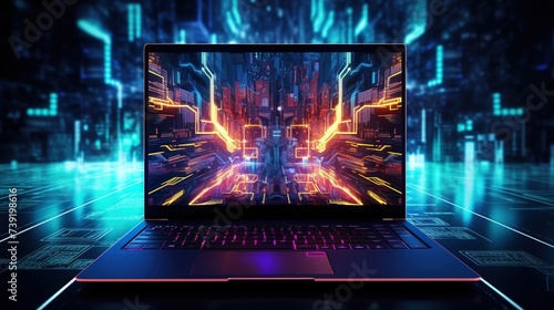 Laptop with futuristic circuit board on a screen. Computer engineer, programmer and software development. Digital transformation technology concept.