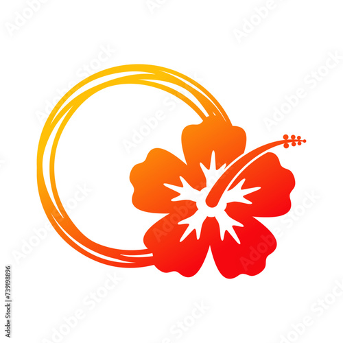 Logo vacaciones en Hawái. Marco circular con líneas con silueta de flor de hibisco